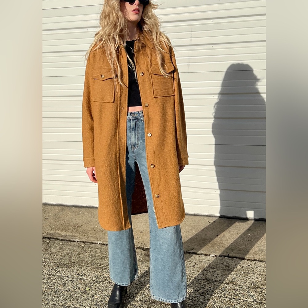 OAK + FORT Beige Long Wool Shirt Jacket, XS